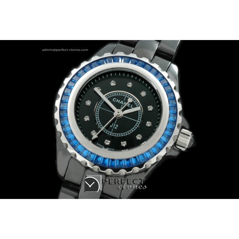 CHA-MI-1016 J12 Mini Black Ceramic Sq/Blue Japanese Quartz/Bo