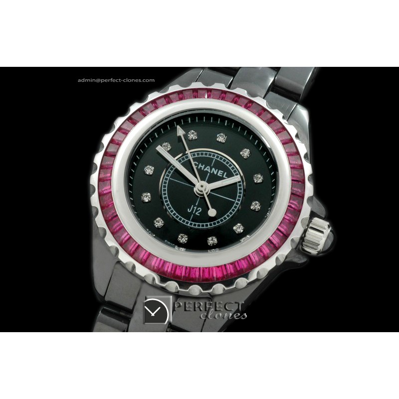 CHA-MI-1017 J12 Mini Black Ceramic Sq/Magneta Japanese Quartz/Bo