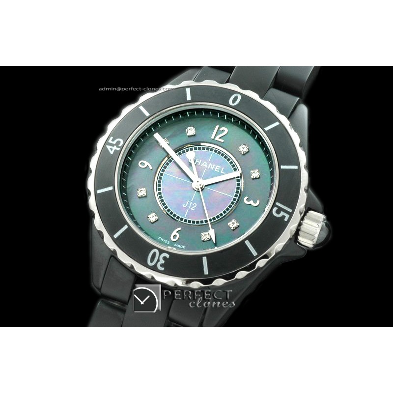 CHA00292 J12 Men Cer/Blk MOP Black Diam Jap Quartz