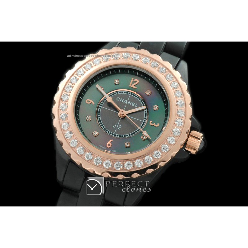 CHA00302L J12 Ladies Cer/Blk/RG/Diam MOP Black Diam Jap Qtz