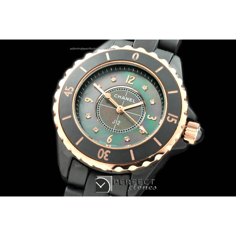 CHA00301L J12 Ladies Cer/Blk/RG MOP Black Diam Jap Qtz