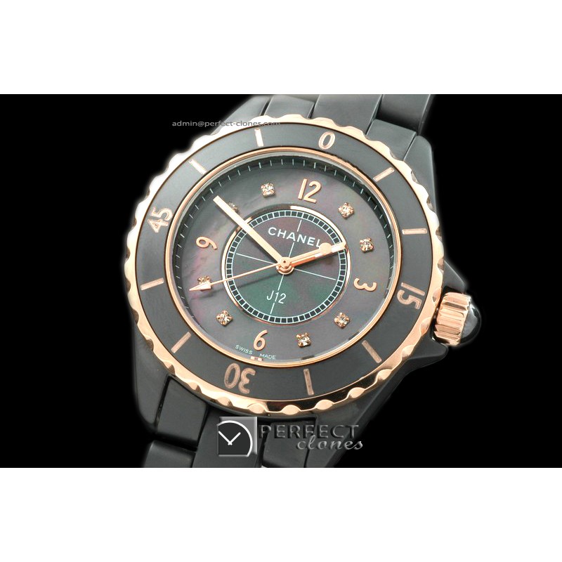 CHA00301 J12 Men Cer/Blk/RG MOP Black Diam Jap Qtz