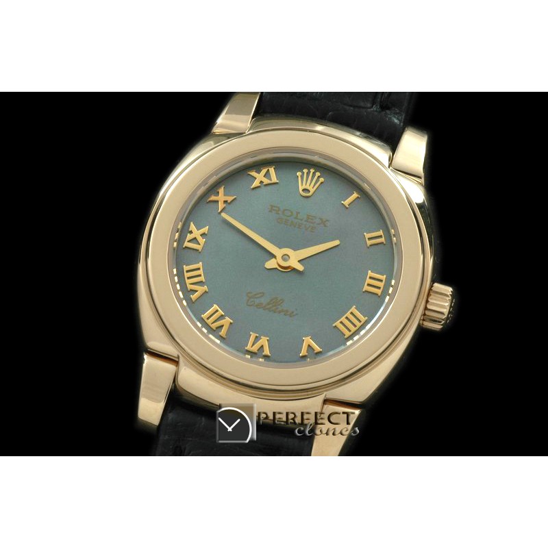 RLCM00206 Ladies Mini Cellini YG/LE MOP Green Roman Swiss Quartz