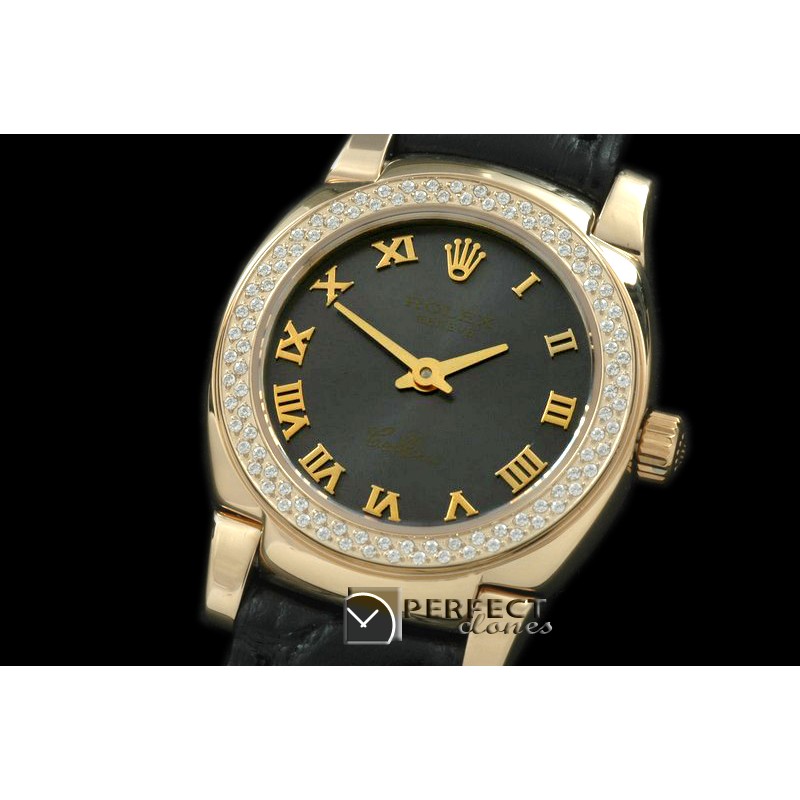 RLCM00210D Ladies Mini Cellini YG/LE MOP Black Roman Swiss Quart