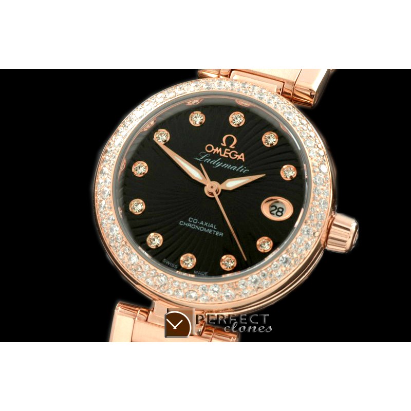 OMDEL00112D Deville Ladymatic RG/RG/Diam Blk Swiss Quartz