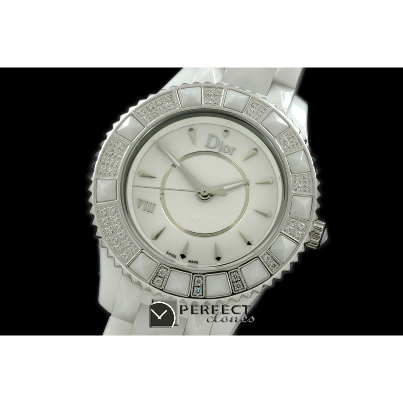 CD00105A Dior VIII Mid Size Cer/Cer/Diam White Jap Quartz