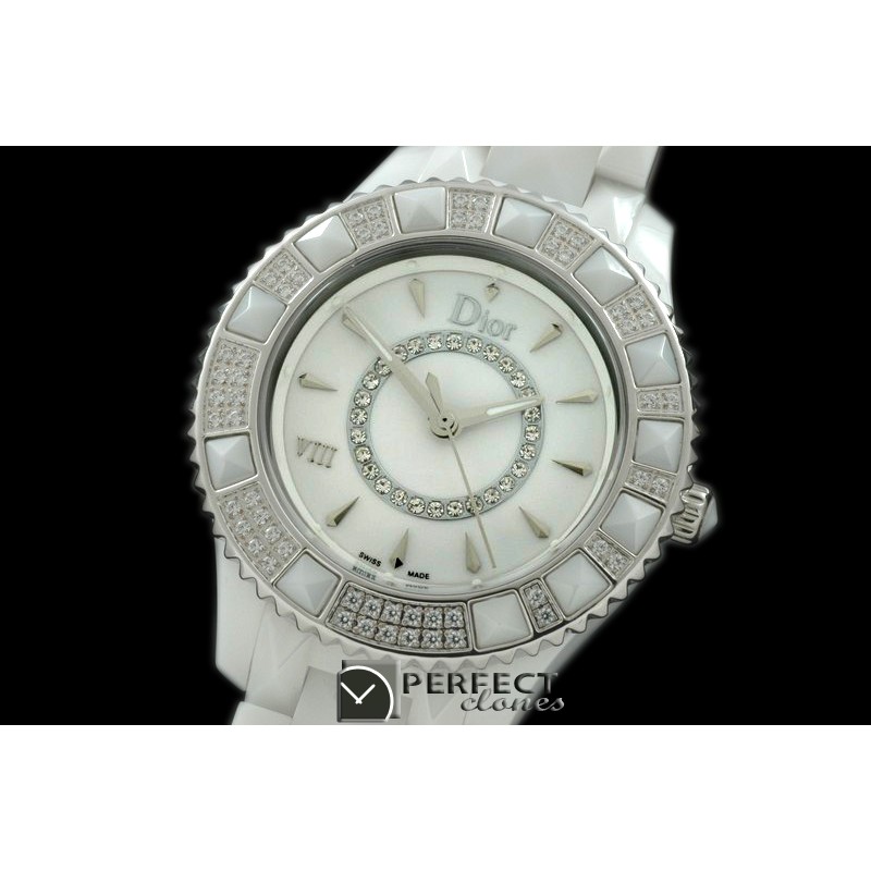 CD00107A Dior VIII Mid Size Cer/Cer/Diam White Jap Quartz