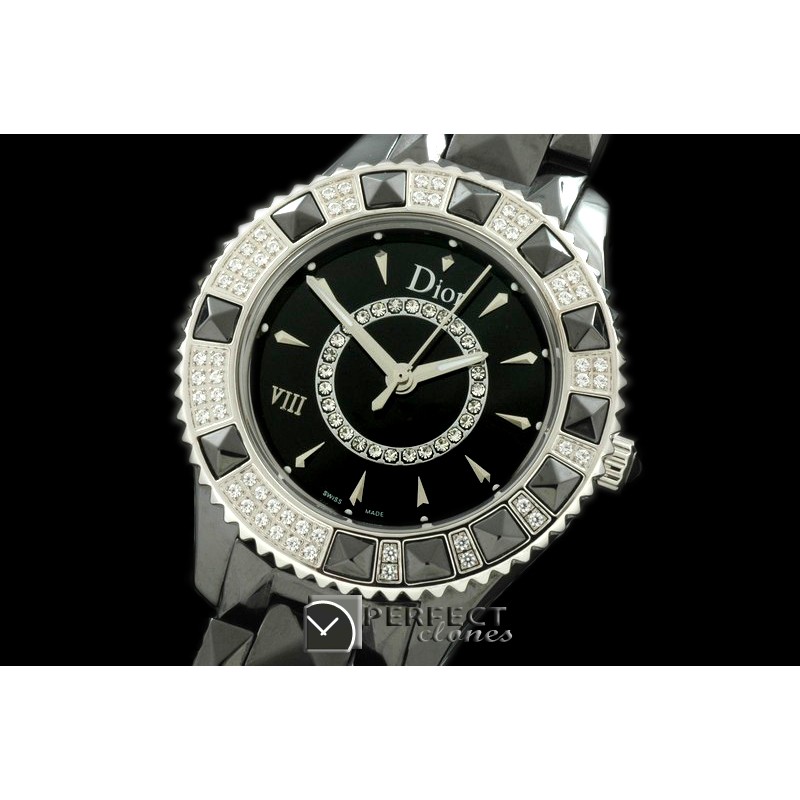CD00108A Dior VIII Mid Size Cer/Cer/Diam Black Jap Quartz