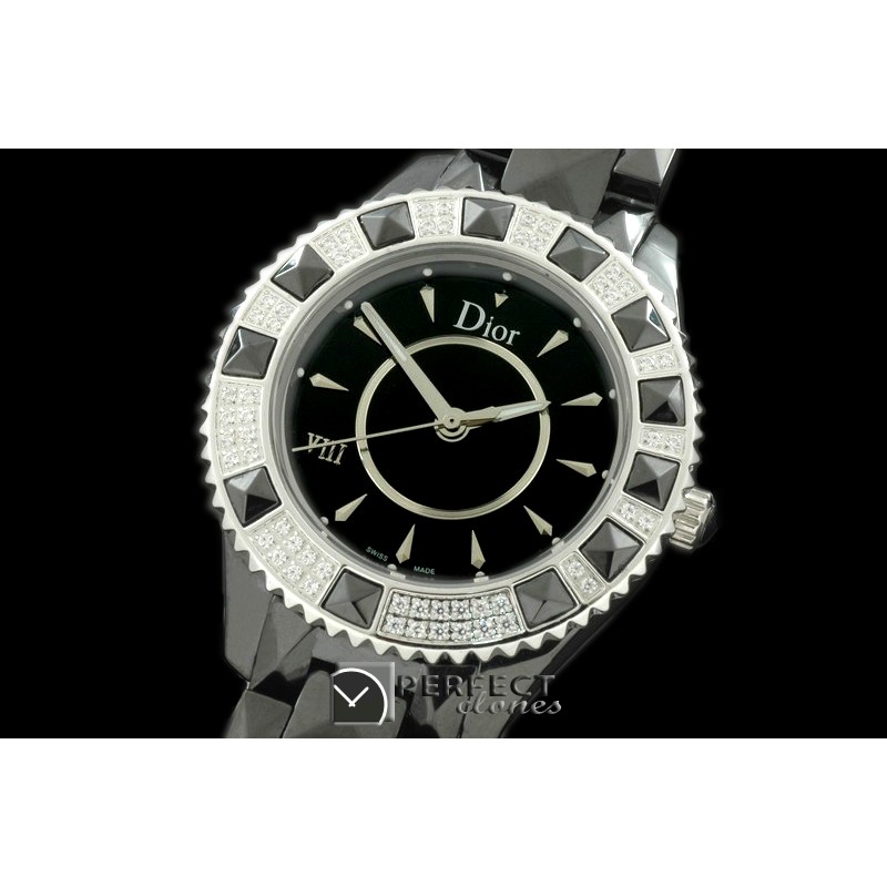 CD00106A Dior VIII Mid Size Cer/Cer/Diam Black Jap Quartz
