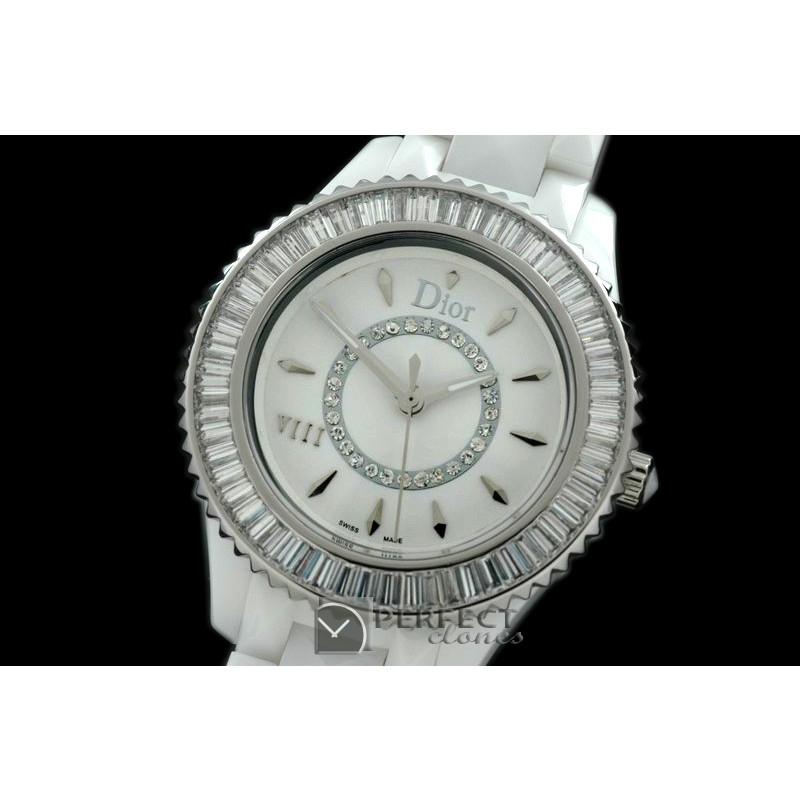 CD00121A Dior VIII Mid Size Cer/Cer/Wht Diam White Jap Quartz