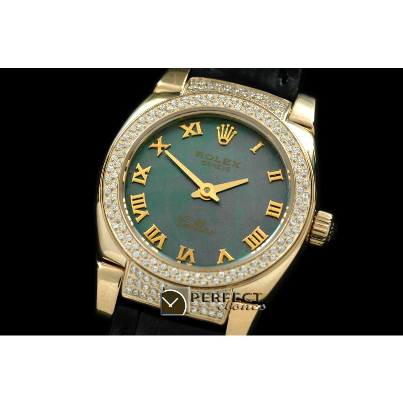 RLCM00206DL Ladies Mini Cellini YG/LE MOP Green Roman Swiss Qtz