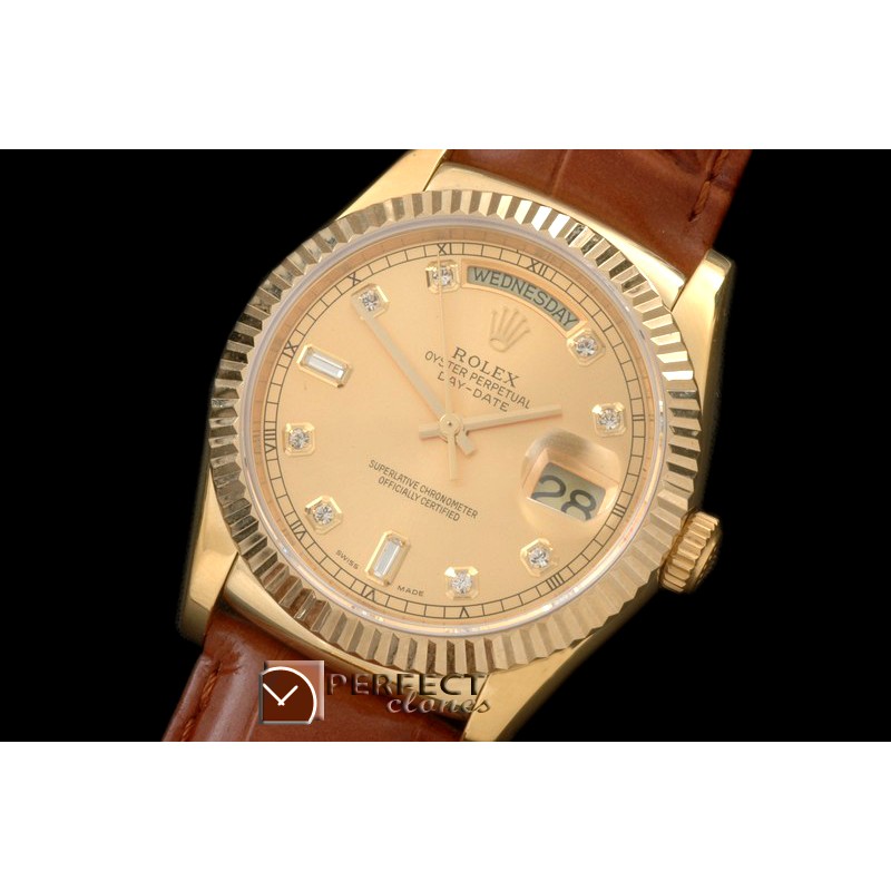 RLDDF60025L DayDate Fluted Gold Diam YG/LE Asian 2836