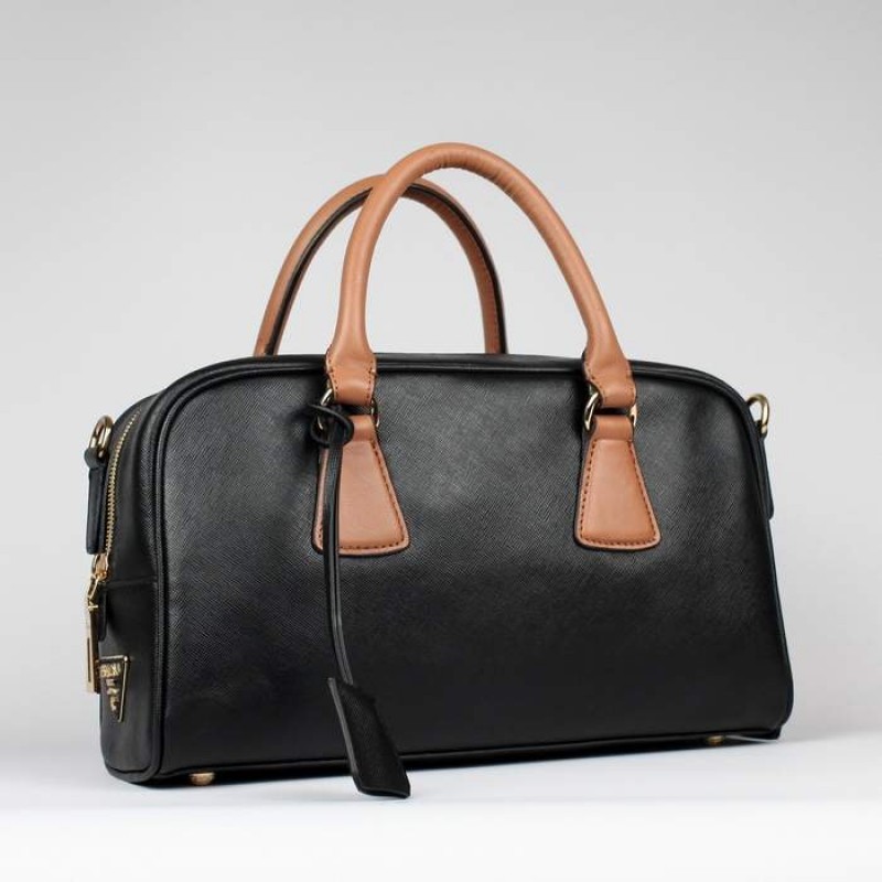 PR0758-1 BL0758 Saffiano Leather Boston Bag Black/Apricot