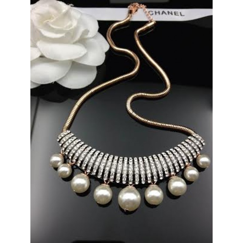 CHA-JW-1001 Rose Gold Neckless Diamond Pearl Set