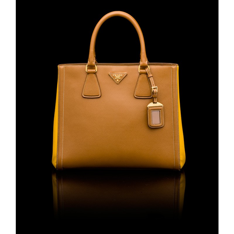 PR2438-4 B2438 Saffiano Leather Tote Brown/Yellow